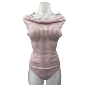 Free People Too Good Women's Pink Rib Knit Off Shoulder Thong Bodysuit Top Sz XS
